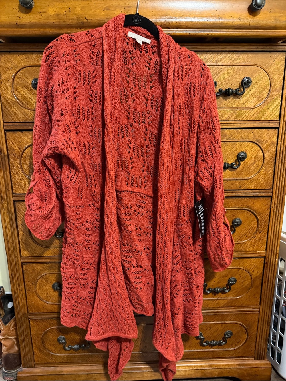 Woman Within Open-Front Pointelle Waterfall Cardigan - Rust Orange Red